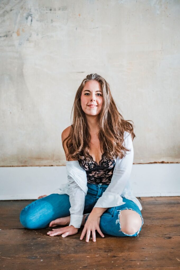 Relaxed boudoir portrait in lace and denim at a Delaware, Ohio studio