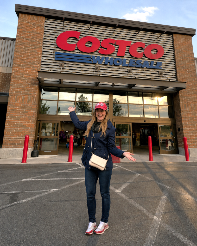 Woman posing outside a Costco Wholesale store before shopping