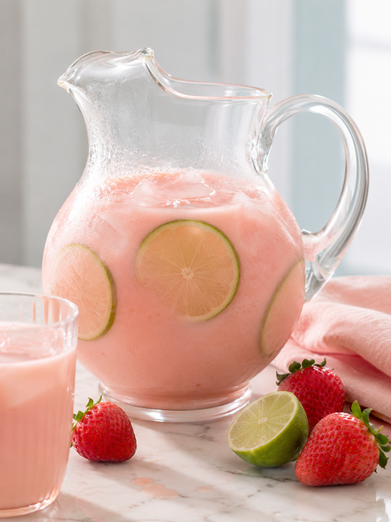 Creamy pink strawberry Brazilian lemonade with lime slices and ice in a clear glass pitcher on a marble countertop.
