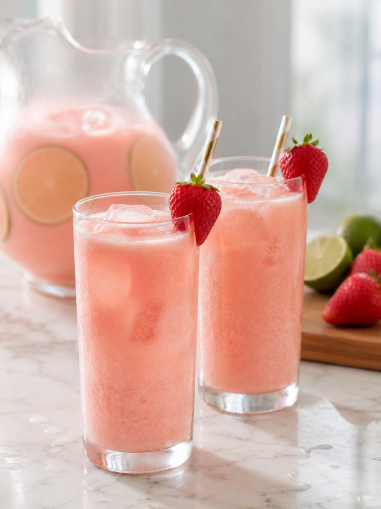 Two glasses of creamy strawberry Brazilian lemonade with ice, strawberry garnishes, and striped straws.