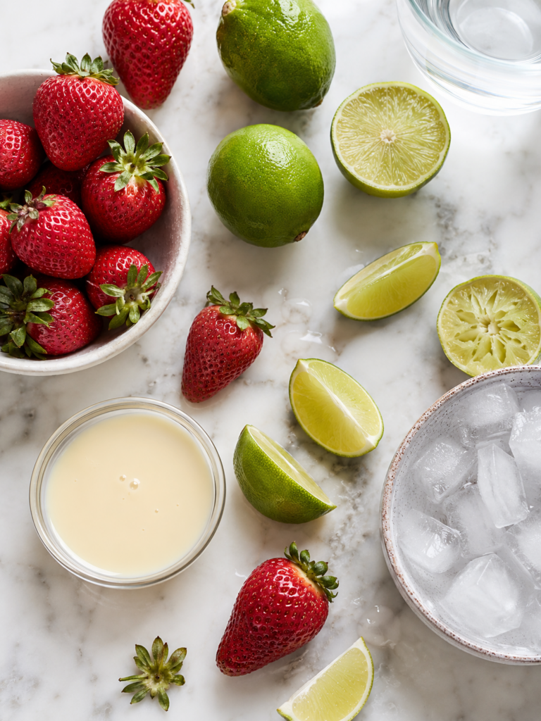 Fresh strawberries, limes, sweetened condensed milk, water, and ice arranged on a white marble countertop for strawberry Brazilian lemonade.