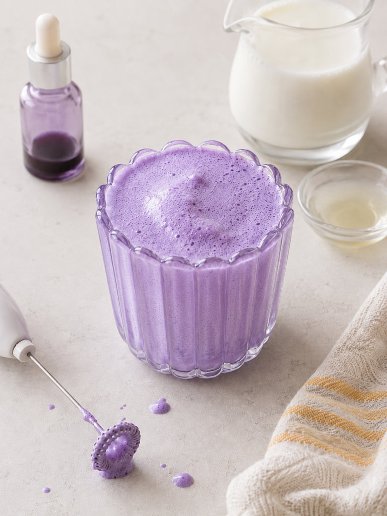 Homemade ube cold foam in a tall ribbed flower glass with a dirty frother, ube extract, cream, vanilla syrup, and striped towel on a light countertop.