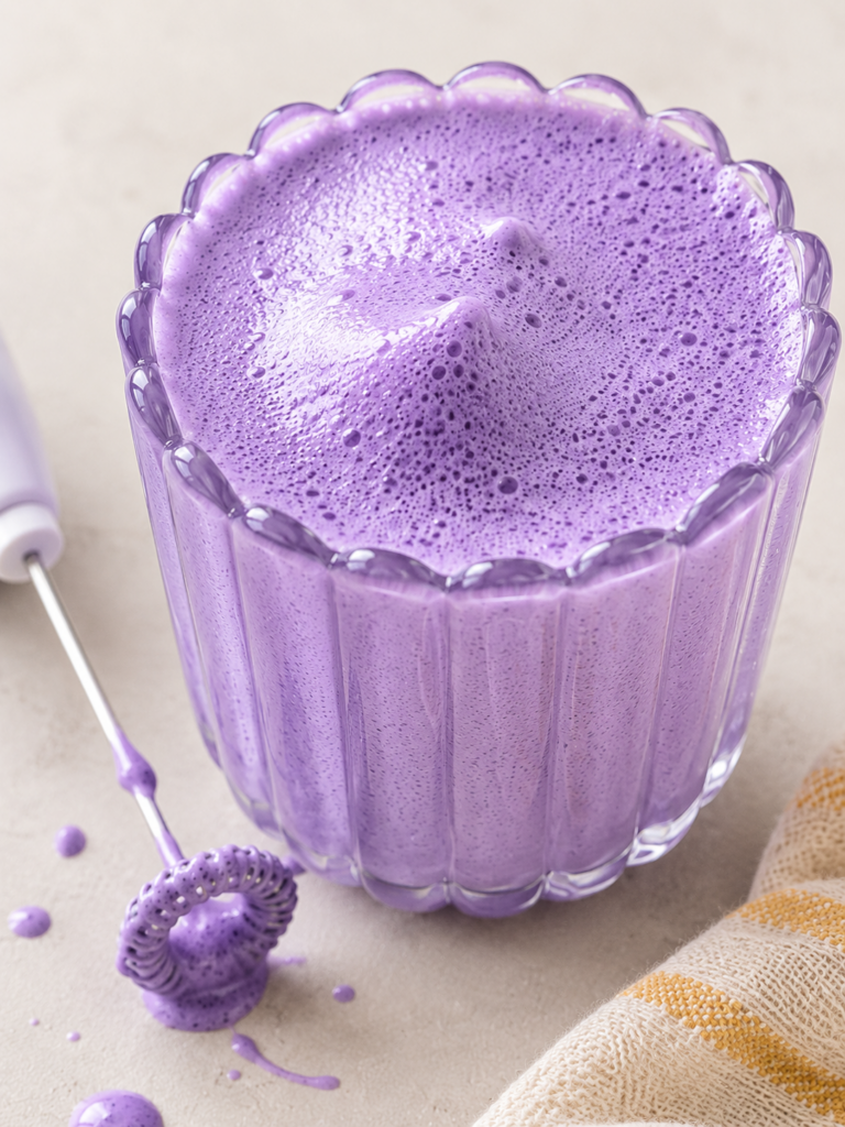 Close-up of thick and creamy homemade ube cold foam with a frother showing the ideal fluffy texture.