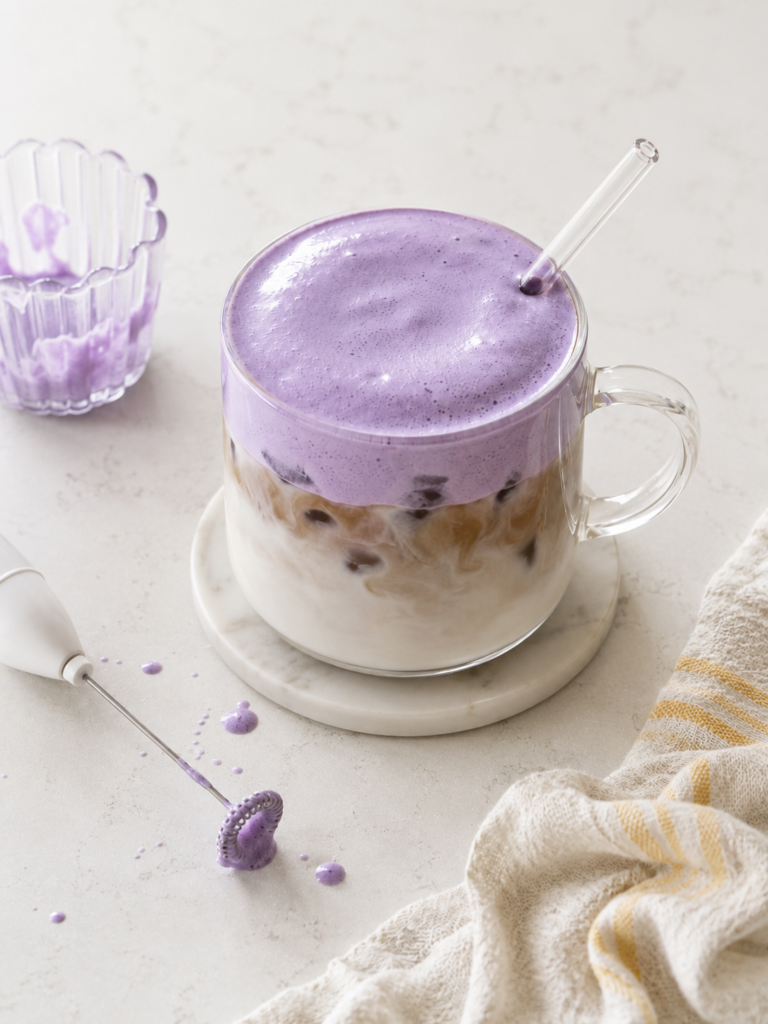 Iced latte topped with thick purple ube cold foam in a clear glass mug with a glass straw, styled on a marble coaster with a frother, small ribbed glass of leftover foam, and a striped towel on a light countertop.