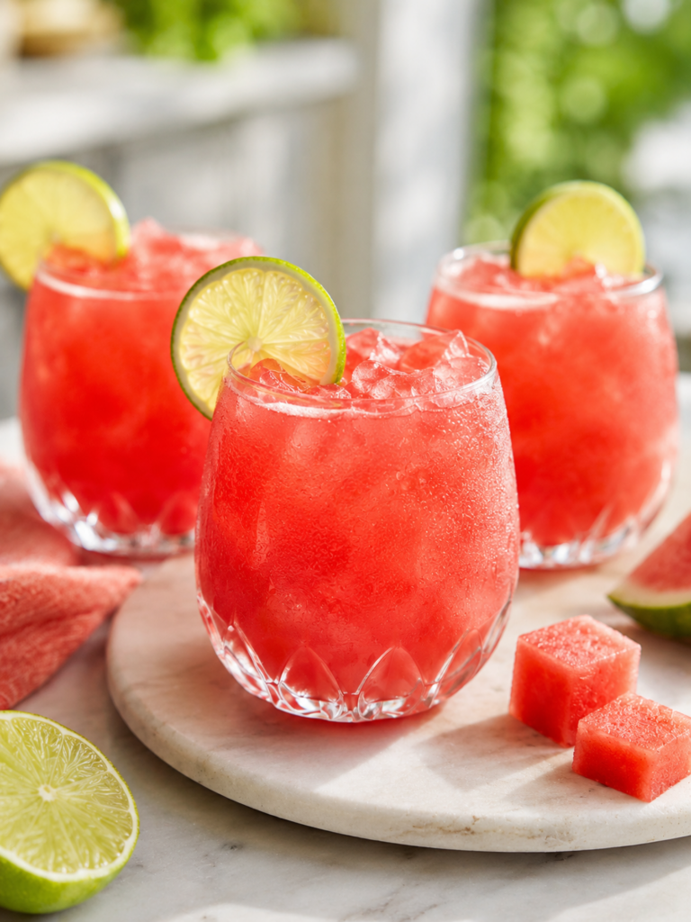 Three short glasses of watermelon agua fresca with ice and lime wheels served on a marble tray with fresh watermelon cubes and lime on a white marble countertop.