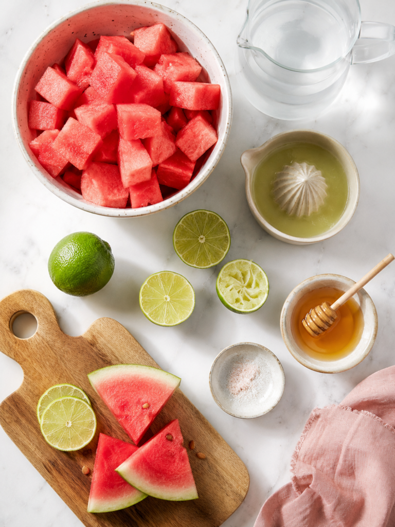 Overhead view of cubed watermelon, fresh limes, cold water, honey, salt, and a citrus juicer arranged on a white marble countertop for making watermelon agua fresca.