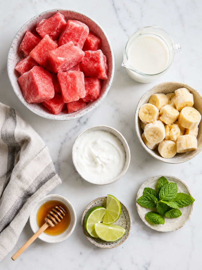 Overhead view of frozen watermelon, banana, yogurt, milk, lime, mint, and honey for a watermelon smoothie.