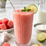 Creamy pink watermelon smoothie in a clear glass with lime and mint on a white marble countertop.