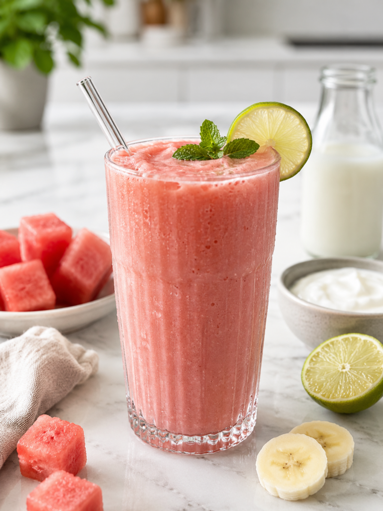 Creamy pink watermelon smoothie in a clear glass with lime and mint on a white marble countertop.