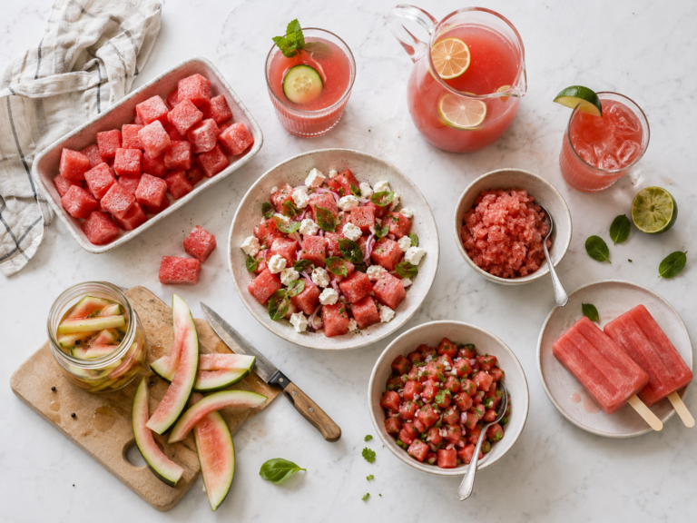 Overhead spread of leftover watermelon recipes including frozen cubes, drinks, feta salad, salsa, popsicles, granita and pickled rind.