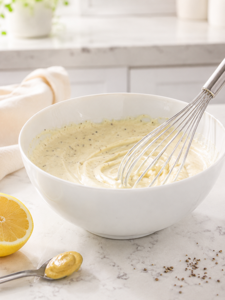Creamy homemade coleslaw dressing being whisked together in a white bowl.