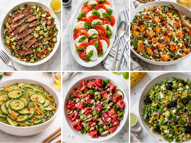 Collage of fresh salads without lettuce, including steak salad, Caprese, quinoa salad, Asian cucumber salad, watermelon feta salad and corn blackberry salad.