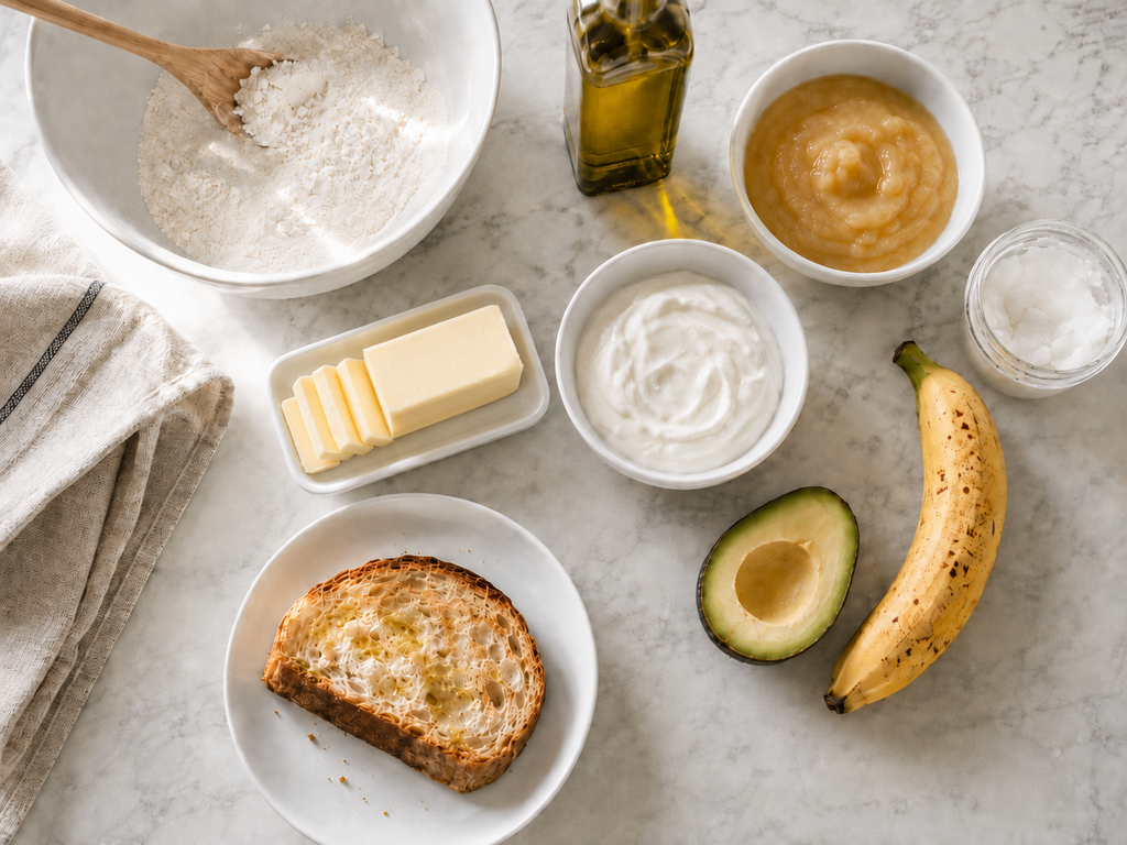 Overhead view of butter substitutes including olive oil, Greek yogurt, applesauce, coconut oil, banana and avocado beside a butter dish on a marble kitchen counter.