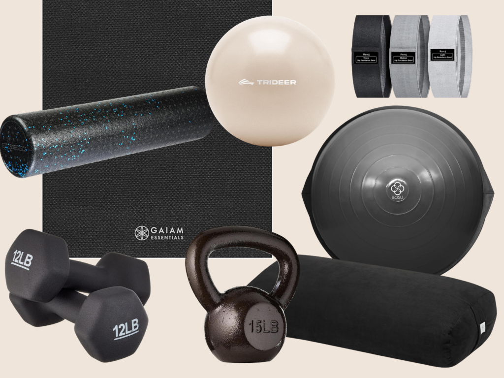 Budget-friendly home gym equipment including dumbbells, resistance bands, a yoga mat, foam roller, Pilates ball and bolster.