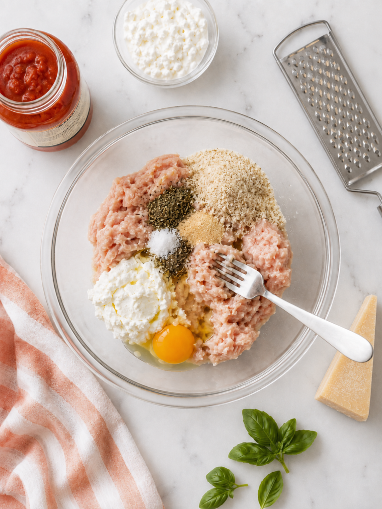 Chicken ricotta meatball ingredients in a glass bowl with ground chicken, ricotta, egg, breadcrumbs and seasonings.