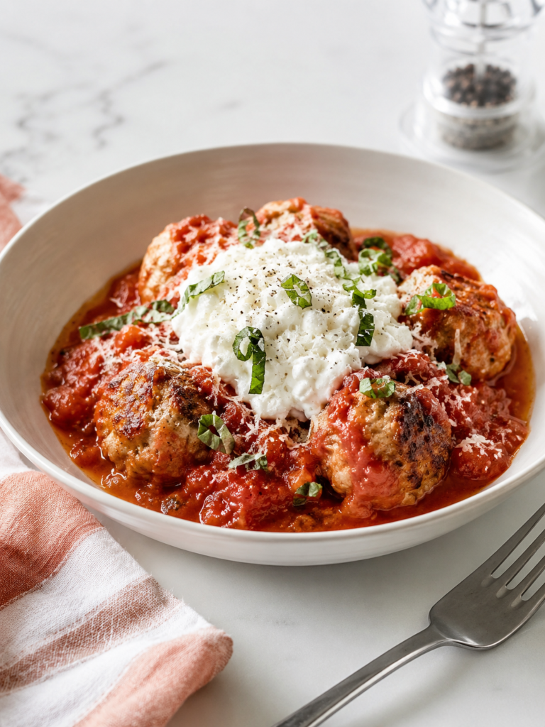 chicken meatballs with ricotta served in marinara with cottage cheese, Parmesan and fresh basil.