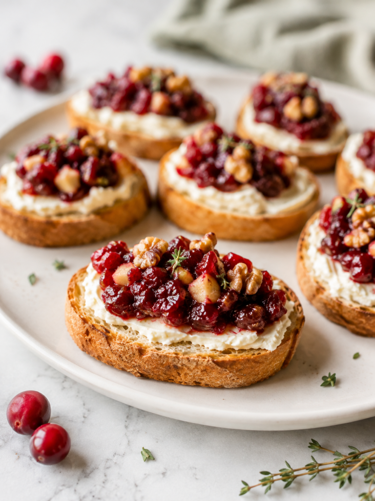 Close-up of cranberry crostini topped with cream cheese, cranberry mixture, walnuts and fresh thyme.