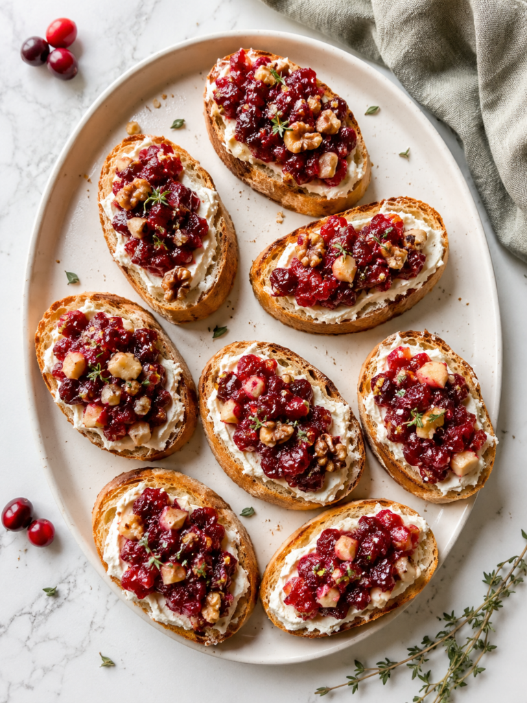 Cranberry crostini with cream cheese, cranberry topping, walnuts and thyme on a serving platter.