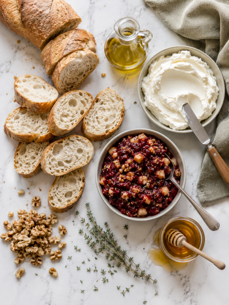 Ingredients for cranberry crostini including baguette, cream cheese, cranberry topping, walnuts, olive oil, honey and thyme.