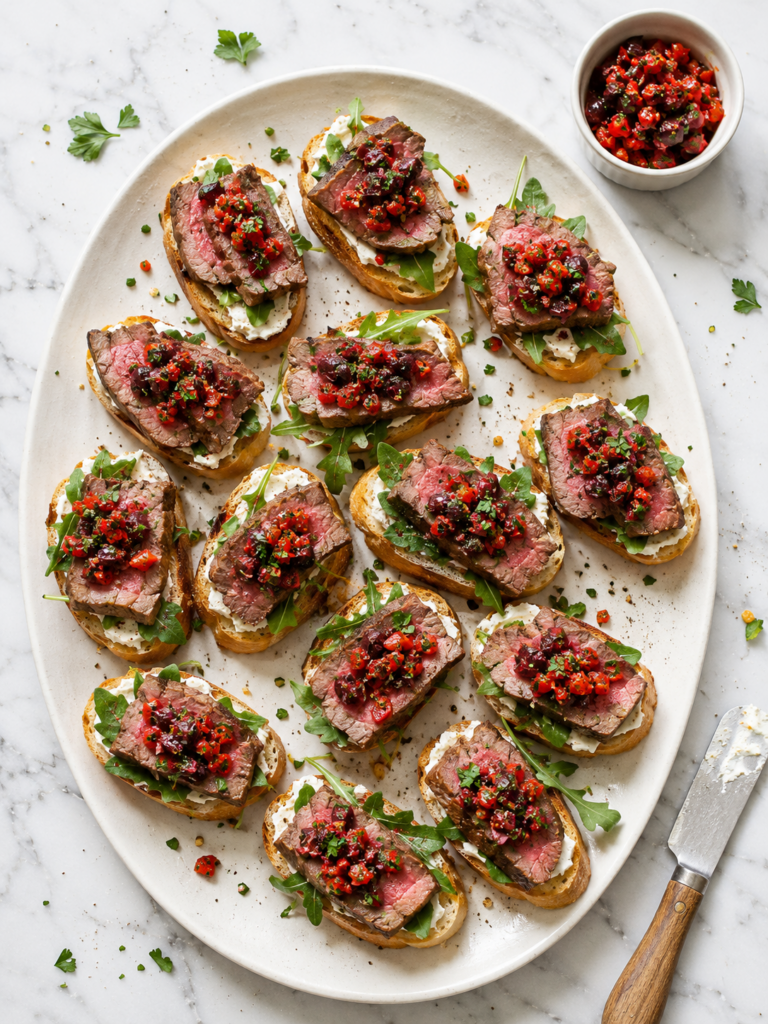 Steak crostini with goat cheese, arugula and roasted red pepper olive relish arranged on a serving platter.