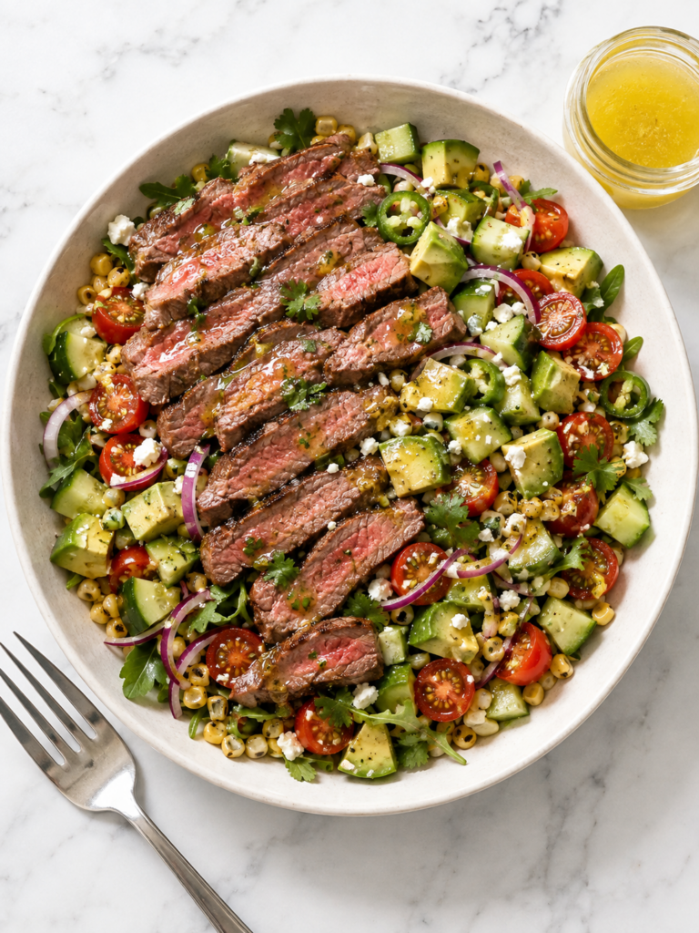 Easy steak salad with sliced medium-rare sirloin, avocado, cucumber, tomatoes, corn, feta and honey-lime vinaigrette.