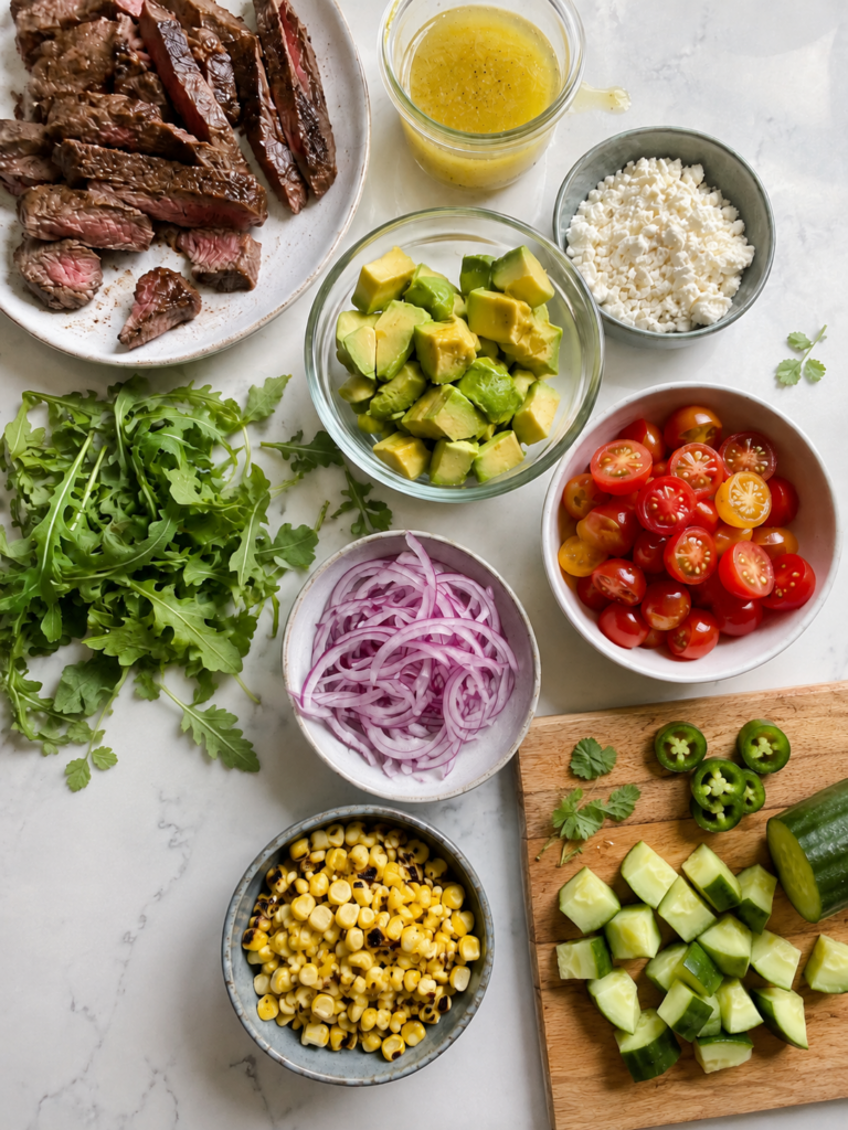 Steak salad ingredients with sliced sirloin, avocado, tomatoes, corn, red onion, feta, arugula, cucumber, jalapeño and honey-lime dressing.