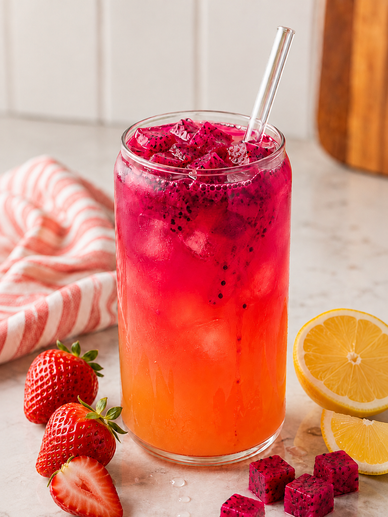 First Watch Blazing Dragon copycat with strawberry lemonade, ice and red dragon fruit in a clear glass