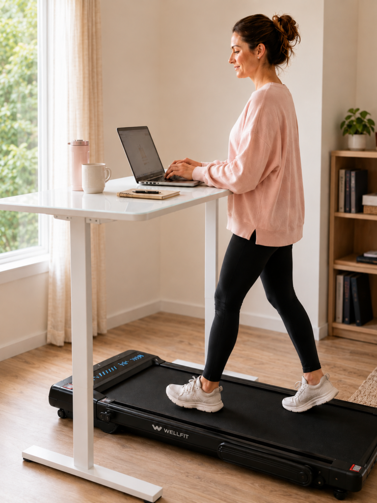 Woman walking on a WELLFIT foldable treadmill while working at a white standing desk.