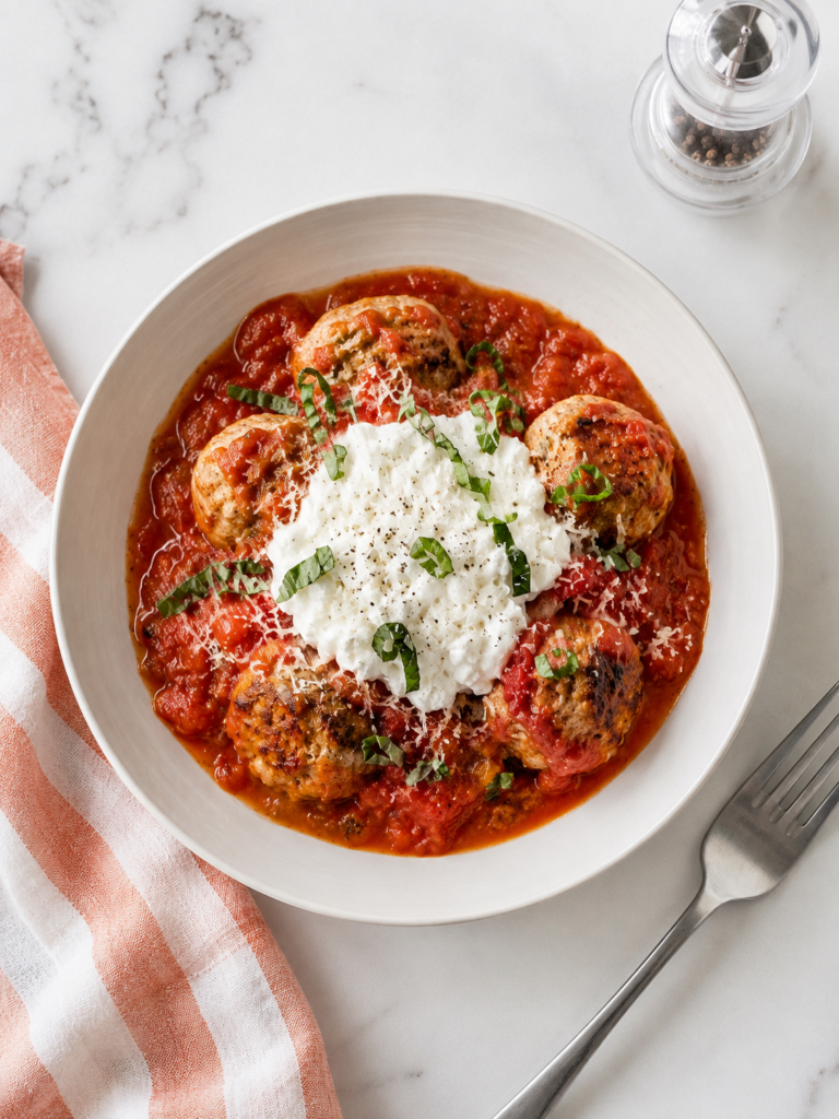 Overhead view of viral Hailey Bieber chicken meatballs with marinara, cottage cheese, Parmesan and basil.