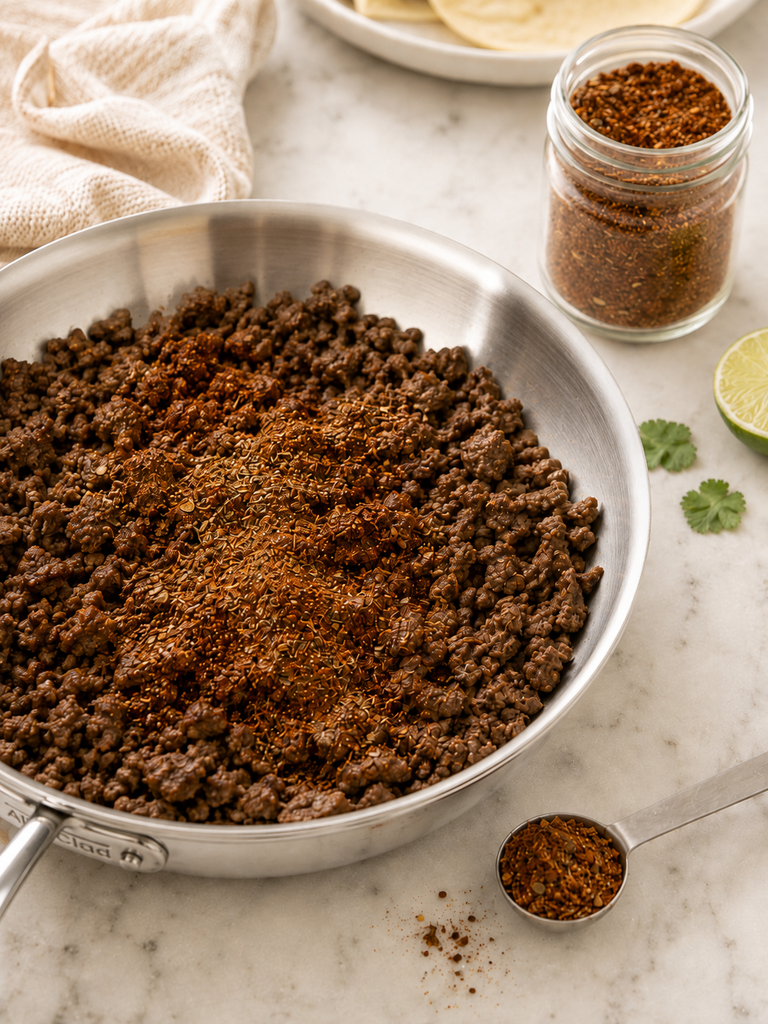 Homemade taco seasoning sprinkled over browned ground beef in a stainless steel skillet, with the seasoning jar and measuring spoon nearby.
