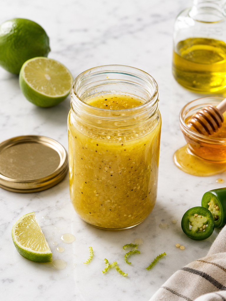 Honey lime dressing in a small jar with fresh limes, honey and olive oil.