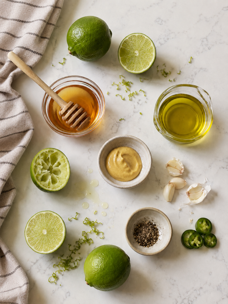 Honey lime dressing ingredients with fresh limes, honey, olive oil, Dijon mustard, garlic, black pepper and jalapeño.