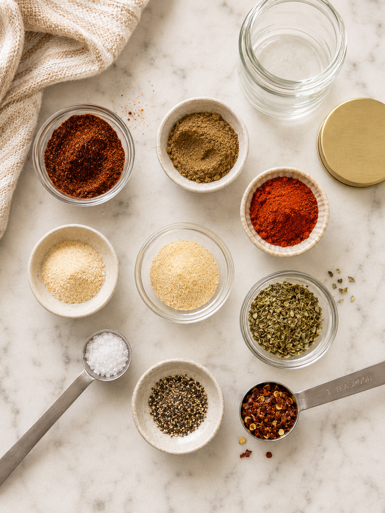 Overhead view of nine homemade taco seasoning ingredients, including chili powder, cumin, paprika, garlic powder, onion powder, oregano, salt, black pepper and red pepper flakes.