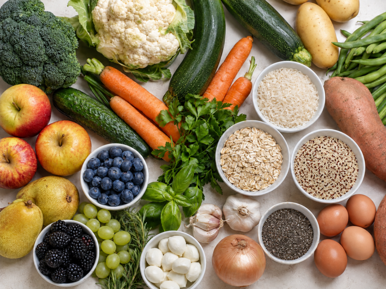 Overhead view of fresh low-histamine foods, including vegetables, fruit, eggs, mozzarella, rice, oats, quinoa and seeds.