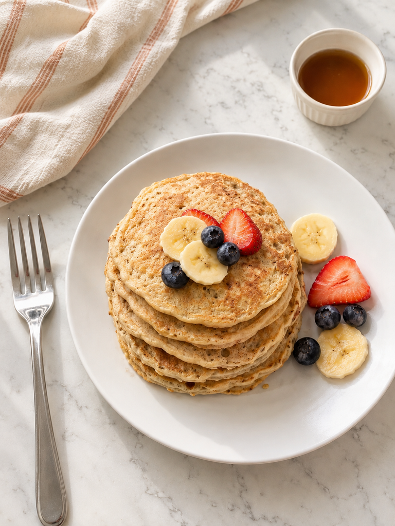 No sugar pancakes topped with strawberries, banana and blueberries, served with maple syrup on the side.