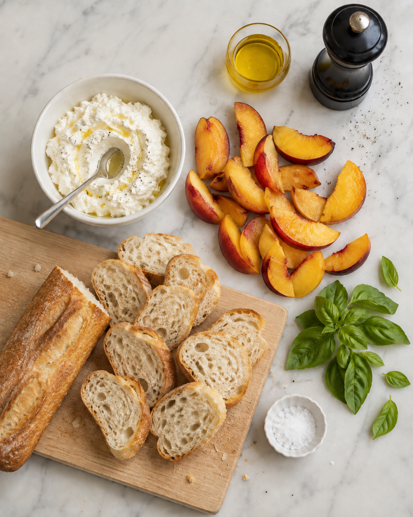 Ingredients for peach crostini, including sliced baguette, thin peaches, whipped ricotta, basil, and hot honey.