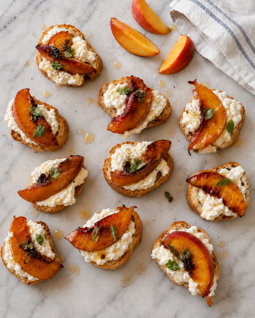 Overhead view of charred peach crostini with ricotta, basil, hot honey, and black pepper on white marble.