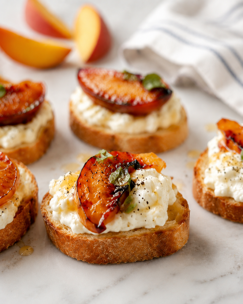 Peach crostini topped with whipped ricotta, caramelized peaches, fresh basil, hot honey, and black pepper.