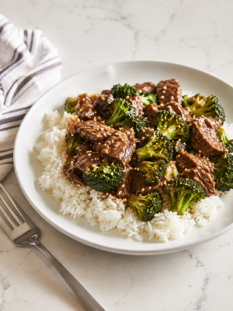 Sesame ginger beef and broccoli piled over fluffy white rice for an easy dinner