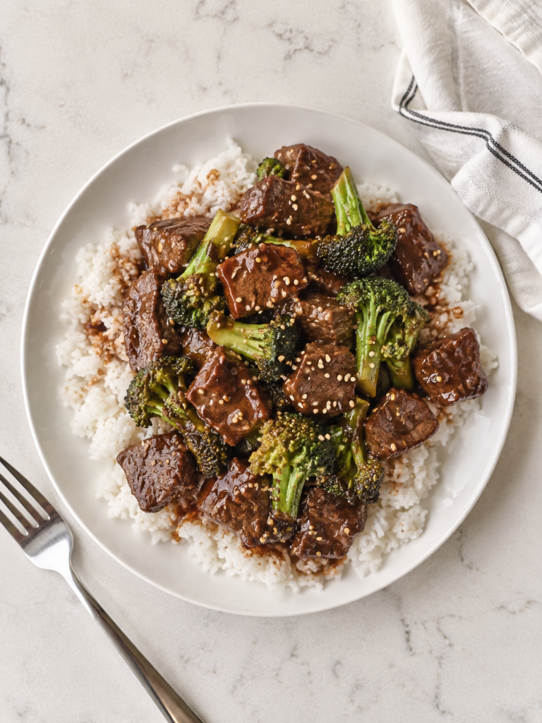 Slow cooker sesame ginger beef with broccoli served over white rice