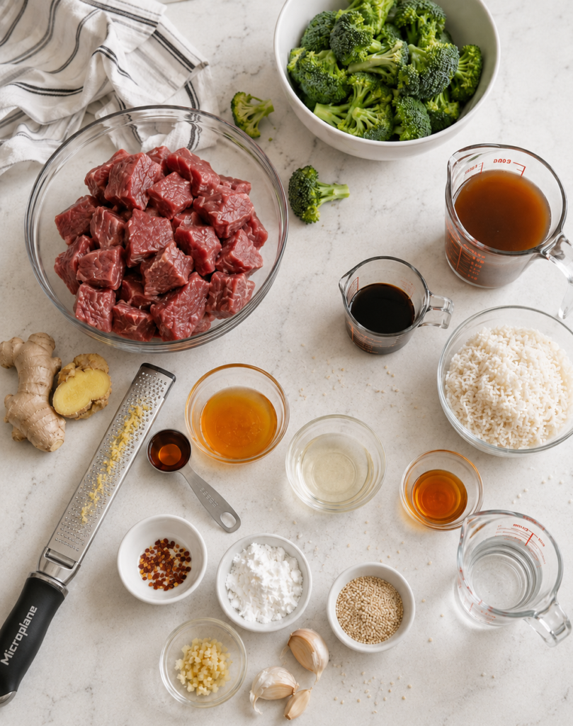 Ingredients for slow cooker sesame ginger beef with broccoli and rice arranged on a bright kitchen counter