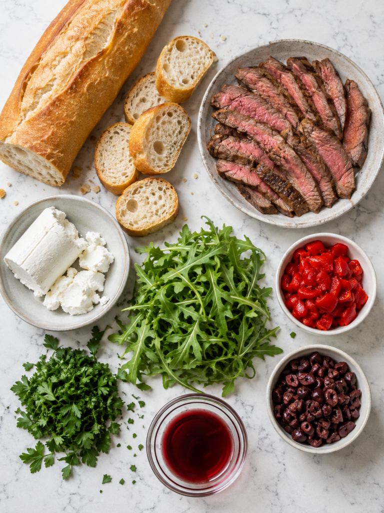 Overhead view of steak crostini ingredients including sliced sirloin, baguette, goat cheese, arugula, roasted red peppers and Kalamata olives.
