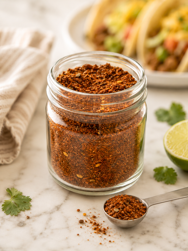 Homemade taco seasoning in a clear glass jar with a measuring spoon and blurred beef tacos in the background.