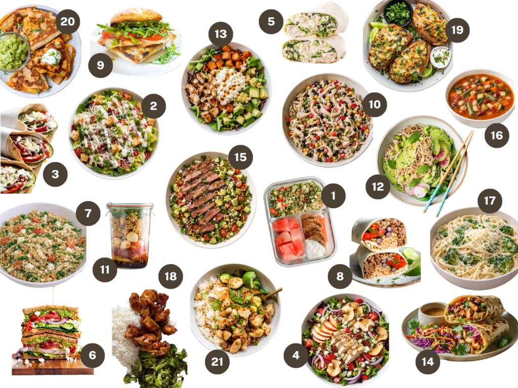 Collage of 21 work lunch ideas, including sandwiches, wraps, salads, rice bowls, pasta, soup and quesadillas.