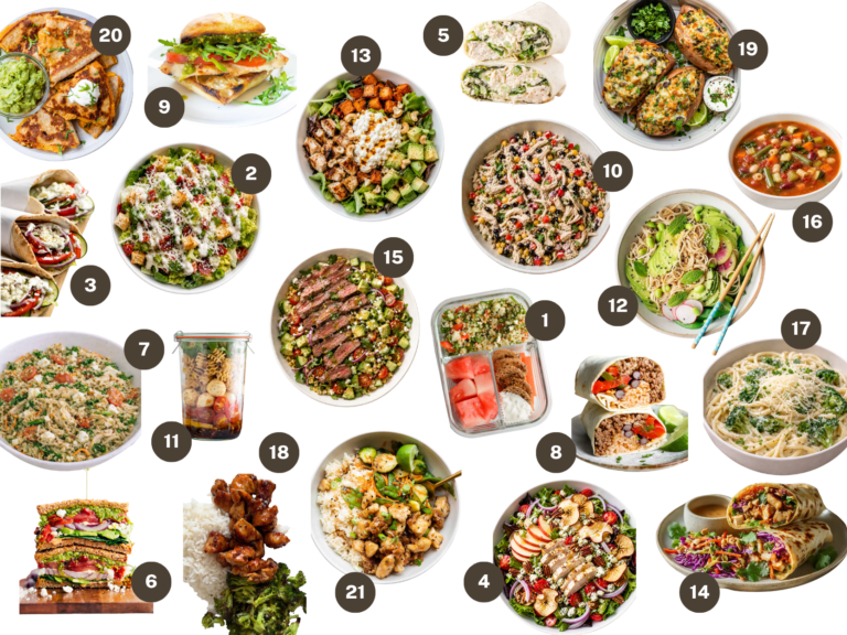 Collage of 21 work lunch ideas, including sandwiches, wraps, salads, rice bowls, pasta, soup and quesadillas.