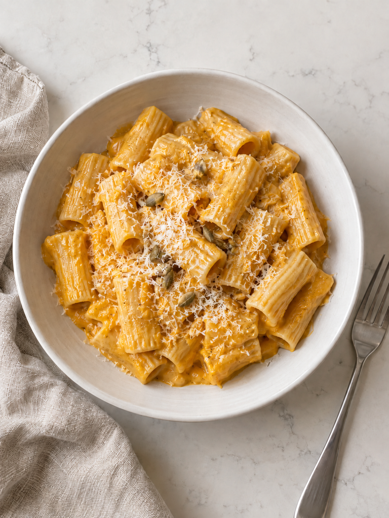Creamy butternut squash pasta topped with freshly grated Parmesan and pumpkin seeds