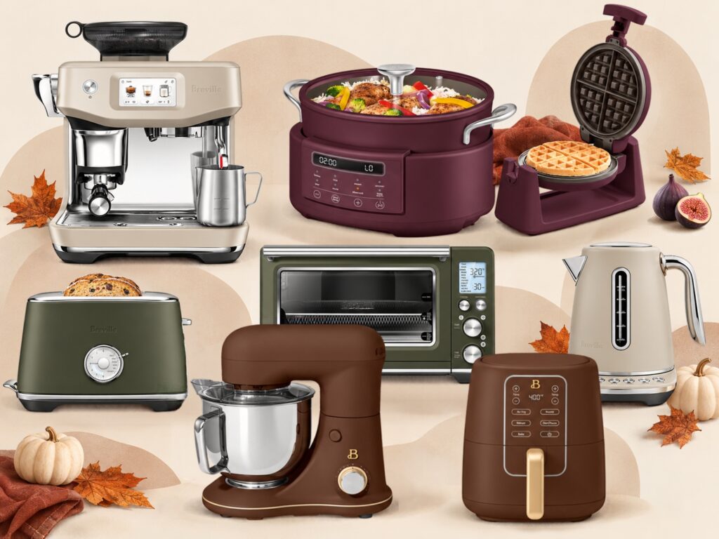 Colored kitchen appliances for fall in almond, fig, olive green and chocolate brown