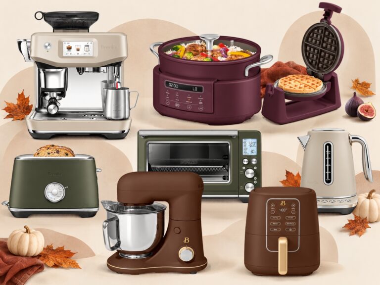 Colored kitchen appliances for fall in almond, fig, olive green and chocolate brown