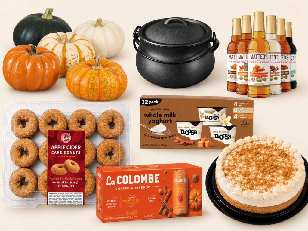 Costco fall finds collage featuring apple cider donuts, Noosa yogurt, pumpkin spice lattes, coffee syrups, a cast iron pot, pumpkins and pumpkin cheesecake.