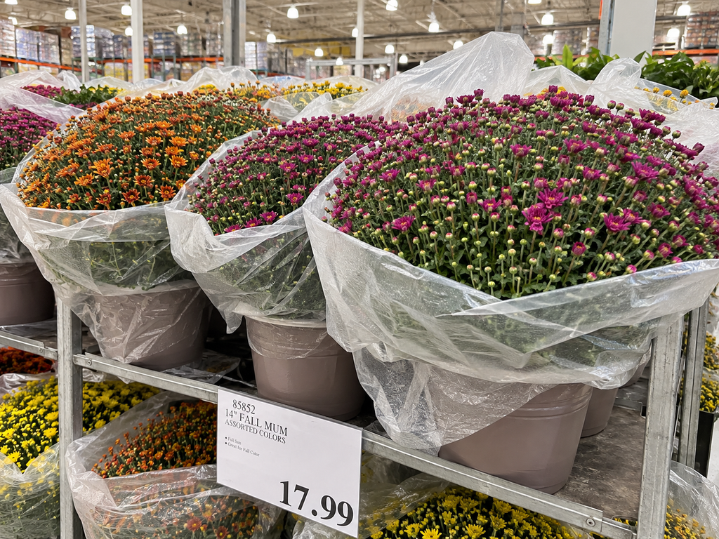 Large assorted fall mums in 14-inch pots displayed on warehouse racks at Costco.